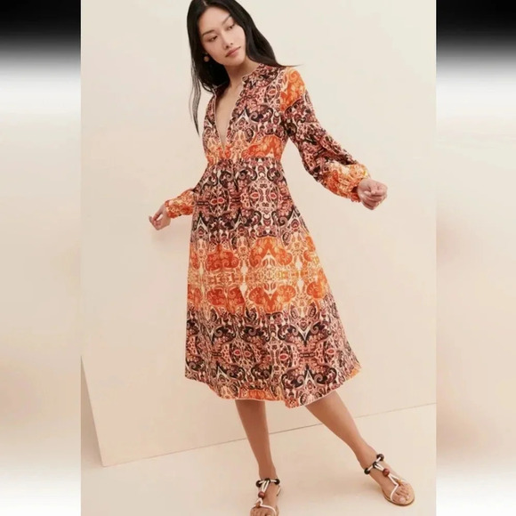 Agua Bendita for Anthropologie Elayna Cotton Midi Long Sleeve Dress Large Petite - Picture 8 of 17